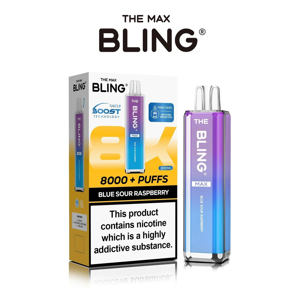 Blue Sour Raspberry flavoured Bling Max 8000 Puffs in Yellow colour 