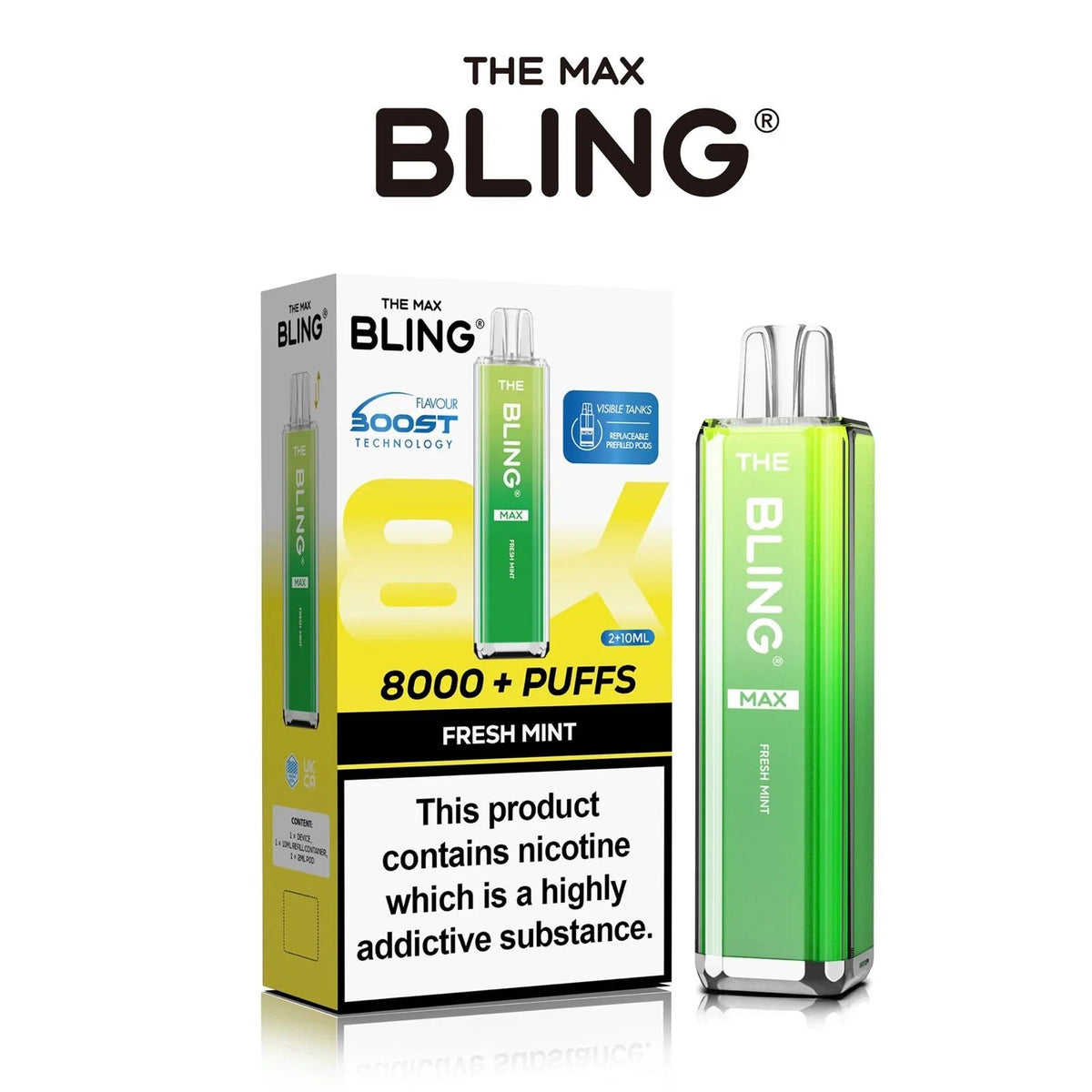 Fresh Mint flavoured Bling Max 8000 puffs in Lemon Yellow colour