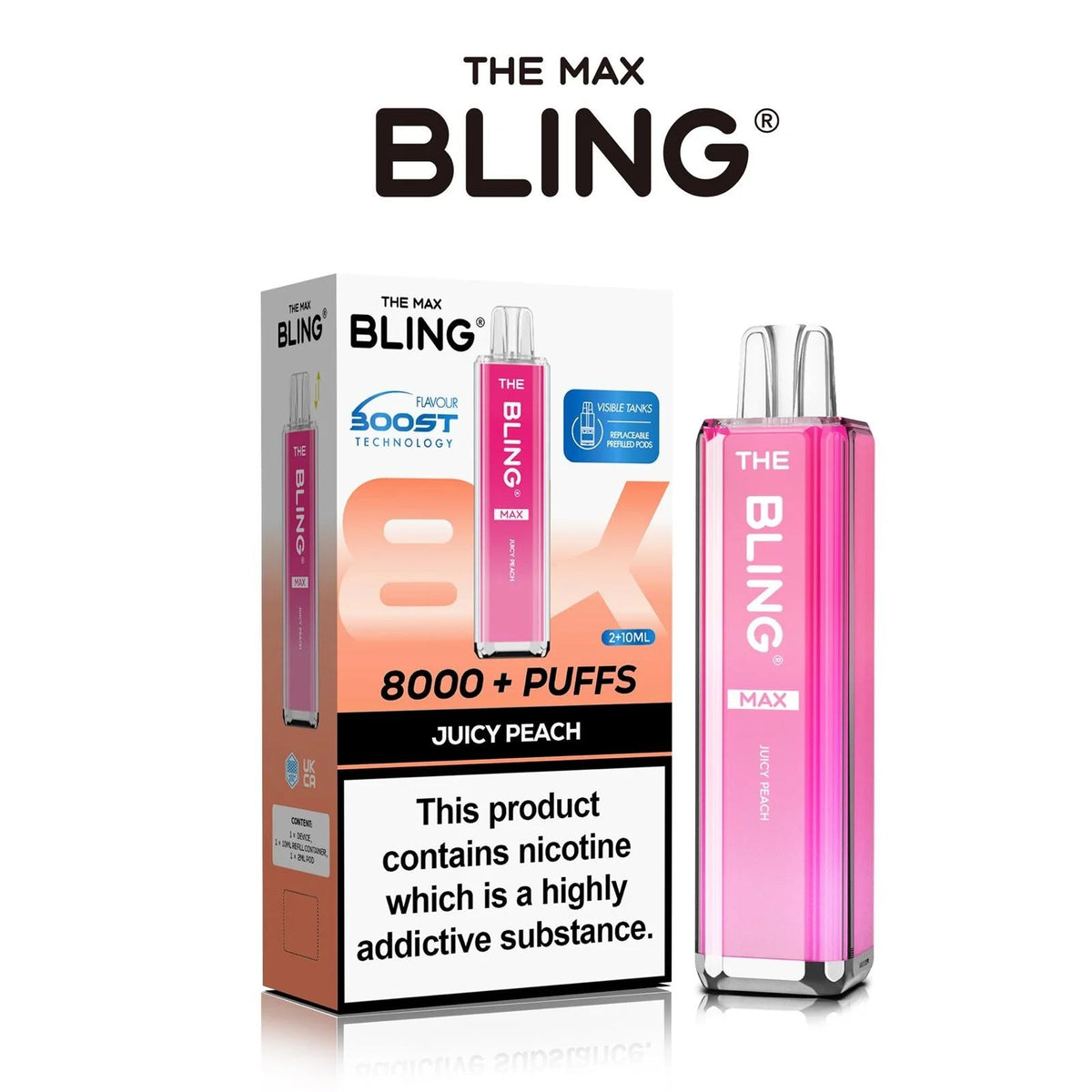 Juicy Peach flavoured Bling Max 8000 puffs in pink colour