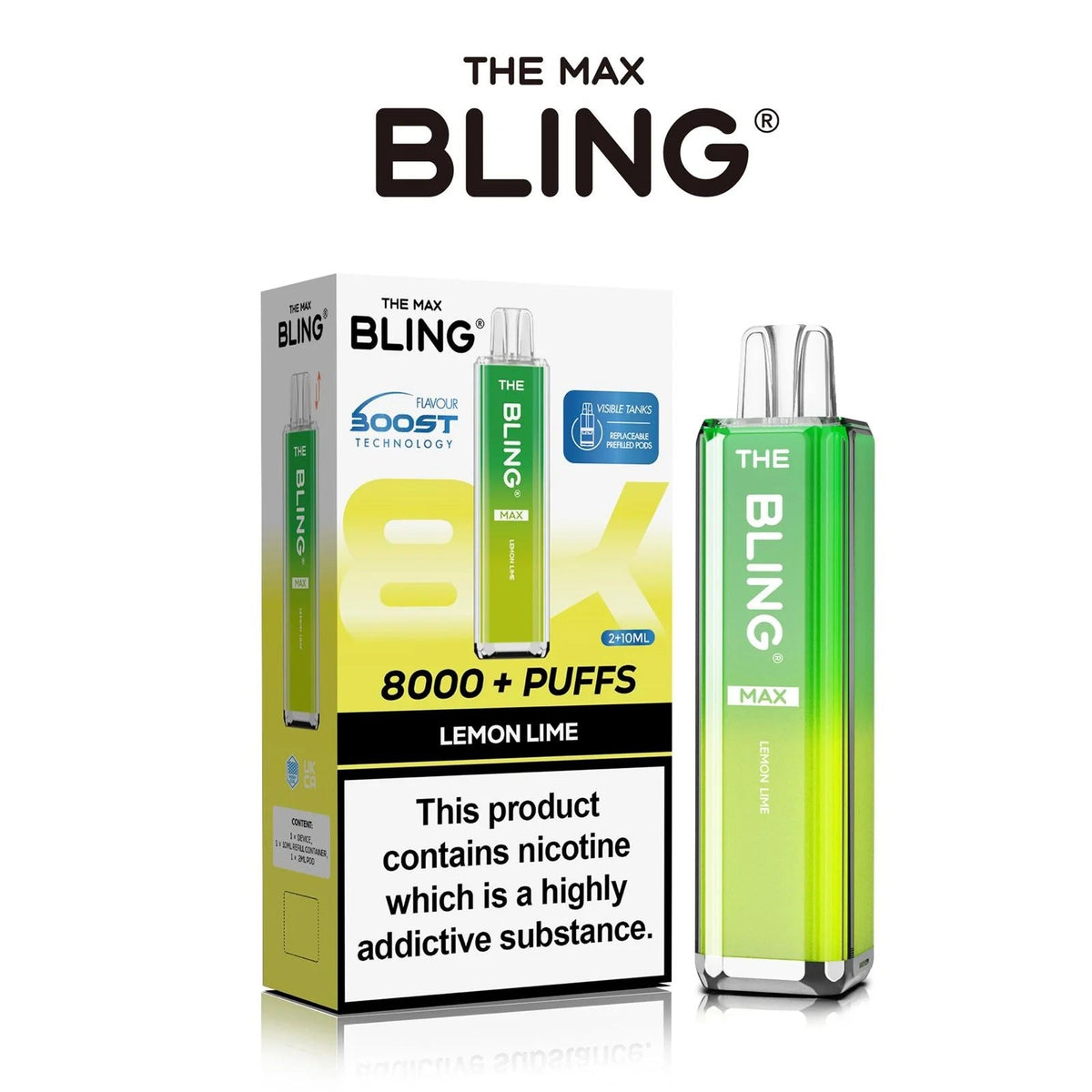 Lemon lime flavoured Bling Max 8000 prefilled kit in Lemon yellow colour