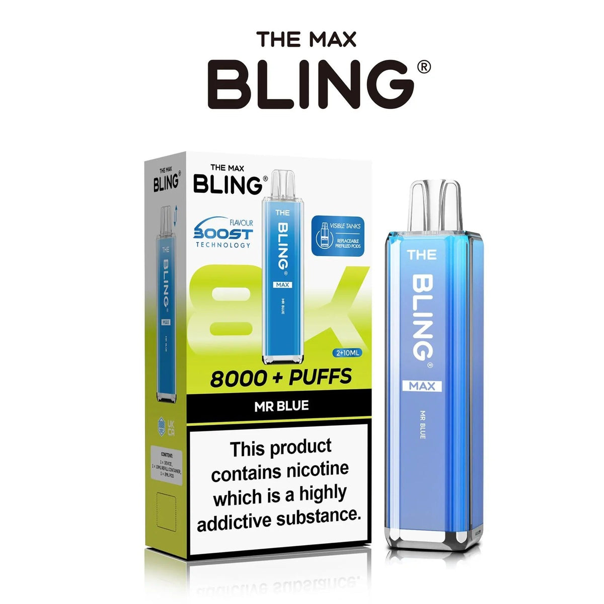Mr Blue flavoured Bling Max 8000 puffs prefilled vape kit in Chartreuse colour