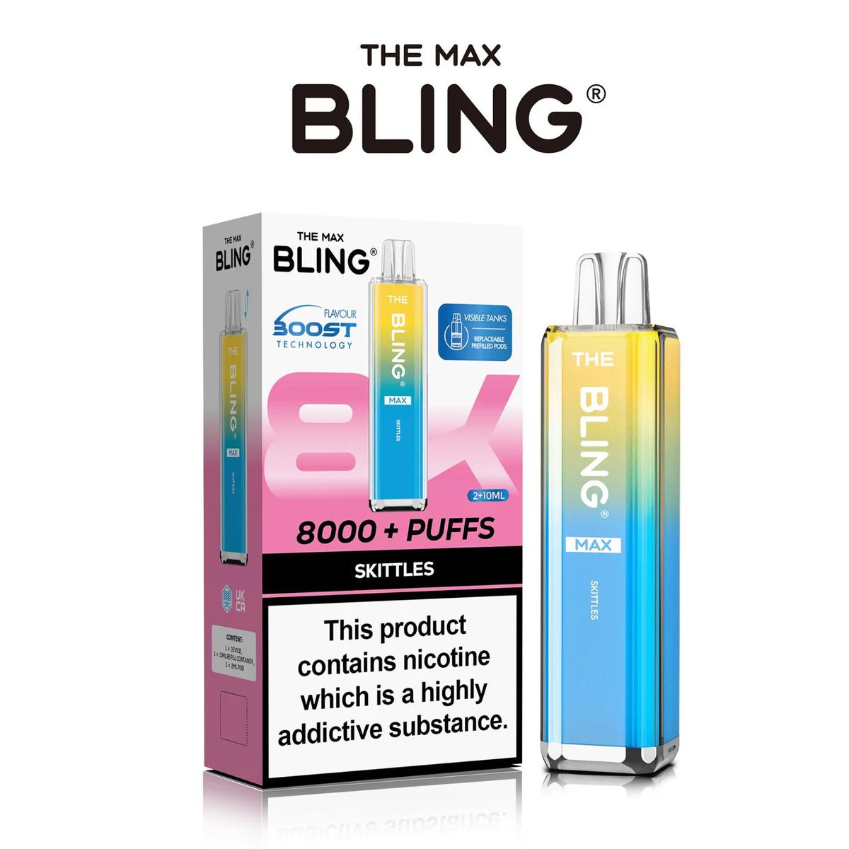 Skittle flavoured Bling Max 8000 puffs prefilled vape kit in persian pink 