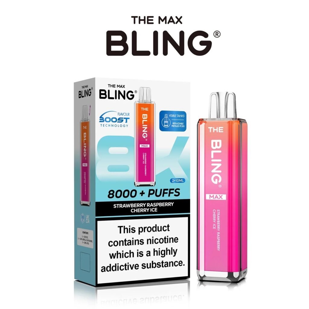 Strawberry Raspberry Cherry Ice flavoured Bling Max 8000 puffs prefilled vape kit in baby blue colour