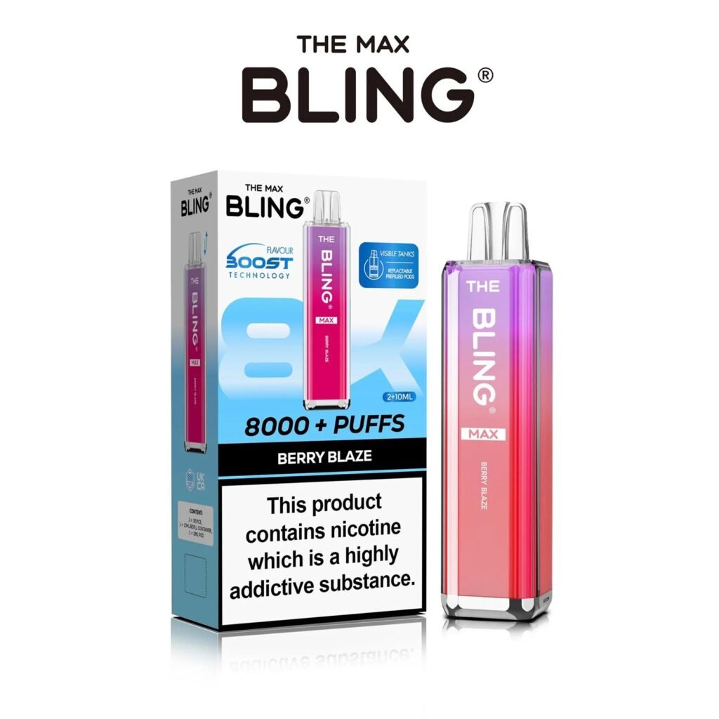 Bling Max 8000 Puffs Rechargeable Vape Kit - Box of 5 - Berry Blaze flavoured Bling Max 8000 puffs prefilled vape kit in light blue colour - Vape Fast UK