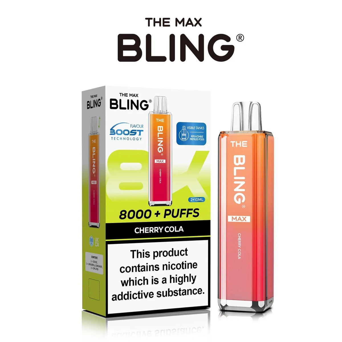 Bling Max 8000 Puffs Rechargeable Vape Kit - Box of 5 - Cherry Cola flavoured Bling Max 8000 puffs prefilled vape kit in Chartreuse Colour - Vape Fast UK
