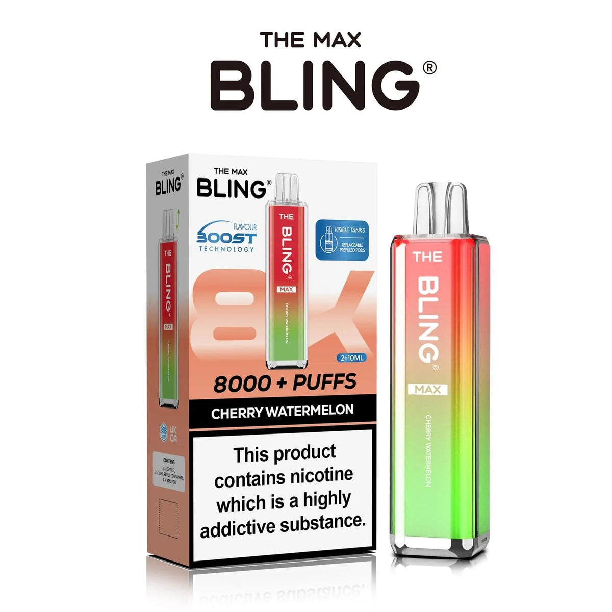 Bling Max 8000 Puffs Rechargeable Vape Kit - Box of 5 - Cherry Watermelon flavoured Bling Max 8000 puffs prefilled vape kit in pink orange colour - Vape Fast UK