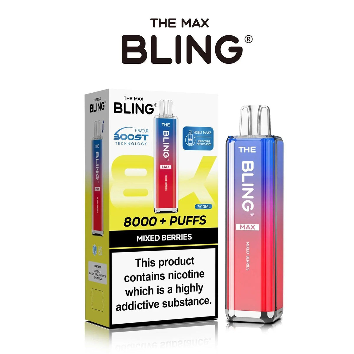 Bling Max 8000 Puffs Rechargeable Vape Kit - Box of 5 - Mixed Berries flavoured Bling Max 8000 puffs prefilled vape kit in yellow colour - Vape Fast UK