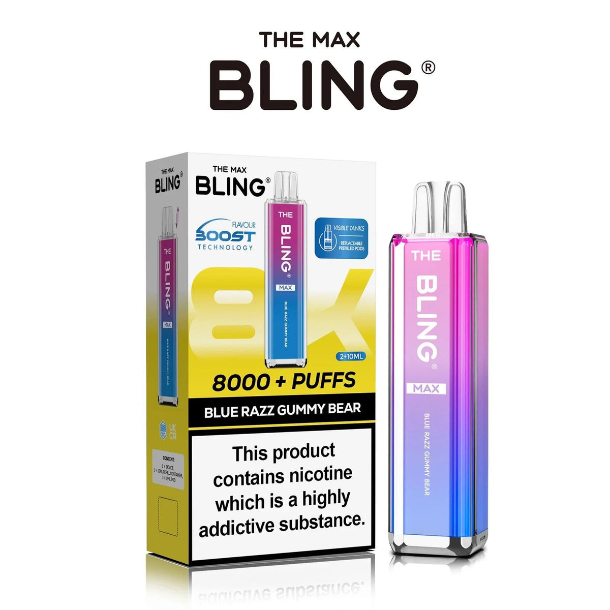 Bling Max 8000 Puffs Rechargeable Vape Kit - Box of 5 - Blue Razz Gummy Bear flavoured Bling Max 8000 puffs prefilled vape kit in Lemon Yellow colour - Vape Fast UK