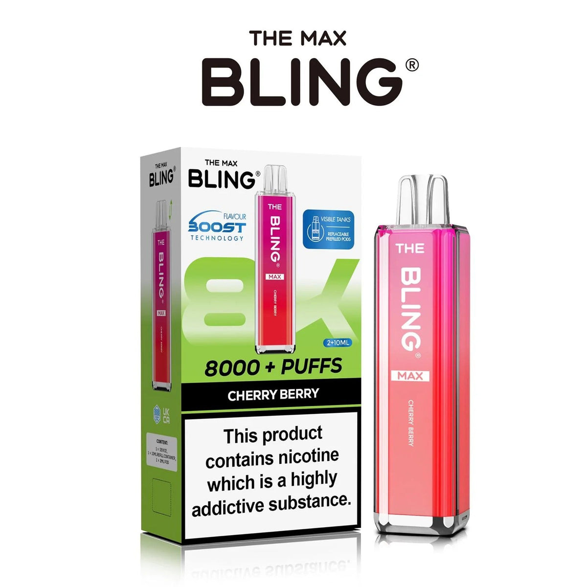 Bling Max 8000 Puffs Rechargeable Vape Kit - Box of 5 - Cherry Berry flavoured Bling Max 8000 puffs prefilled vape kit in yellow green colour - Vape Fast UK