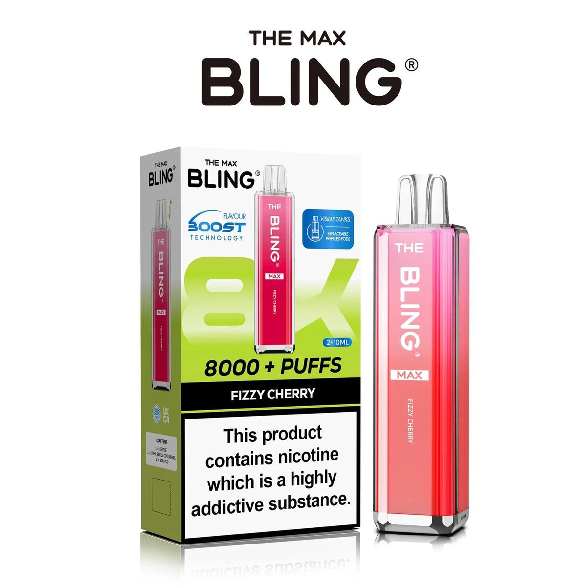 Bling Max 8000 Puffs Rechargeable Vape Kit - Box of 5 - Fizzy Cherry flavoured Bling Max 8000 puffs prefilled pod kit in light cherry colour - Vape Fast UK