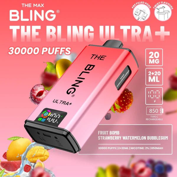 Bling Ultra Plus 30K | 5 - Pack High Puff Vape Kit - Fruit Bomb and Strawberry Watermelon Bubblegum flavoured Bling Ultra Plus 30k in Red and Bubblegum pink colour - Vape Fast UK