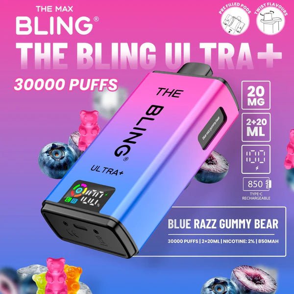 Bling Ultra Plus 30K | 5 - Pack High Puff Vape Kit - Blue Razz Gummy Bear flavoured Bling Ultra Plus 30k in Blue and pink colour - Vape Fast UK
