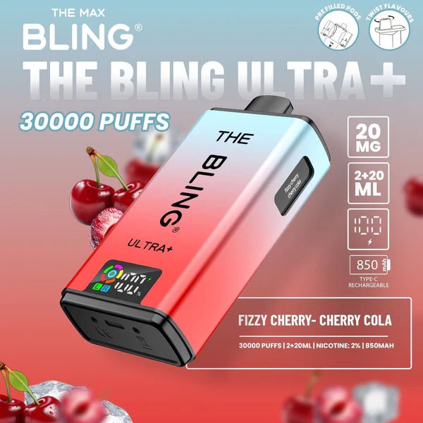 Bling Ultra Plus 30K | 5 - Pack High Puff Vape Kit - Fizzy Cherry and Cherry Cola flavoured Bling Ultra Plus 30k in light blue and red colour - Vape Fast UK