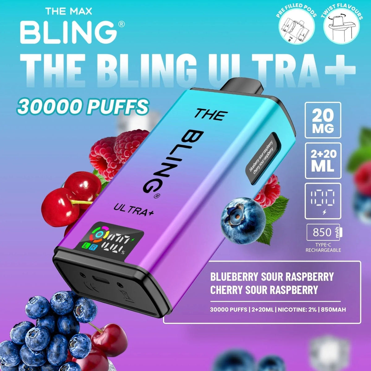 Bling Ultra Plus 30K | 5 - Pack High Puff Vape Kit - Blueberry Sour Raspberry and Cherry Sour Raspberry flavoured Bling Ultra Plus 30k in Blue and Lavender colour - Vape Fast UK