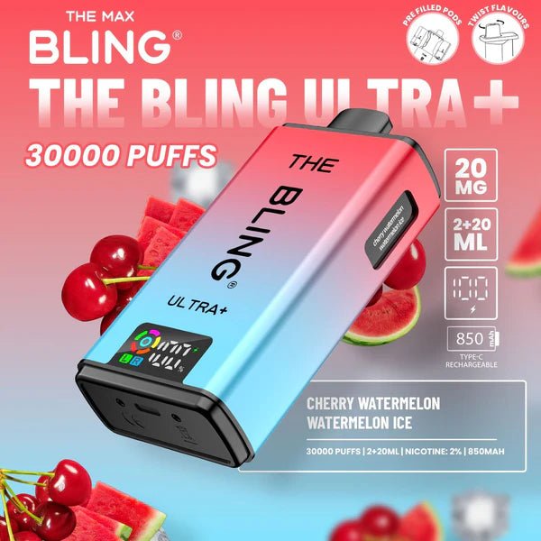 Bling Ultra Plus 30K | 5 - Pack High Puff Vape Kit - Cherry Watermelon and Watermelon Ice flavoured Bling Ultra Plus 30k in Red and Blue colour - Vape Fast UK