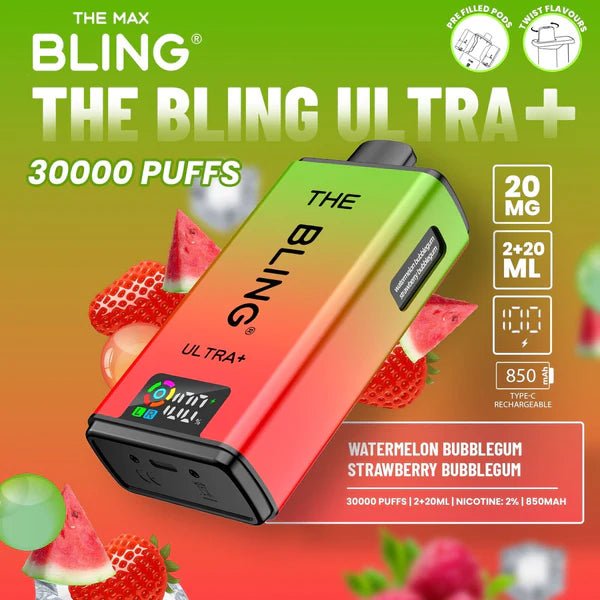 Bling Ultra Plus 30K | 5 - Pack High Puff Vape Kit - Watermelon Bubblegum and Strawberry Bubblegum flavoured Bling Ultra Plus 30k in watermelon red and green colour - Vape Fast UK