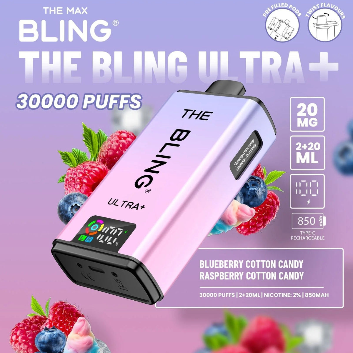 Bling Ultra Plus 30K | 5 - Pack High Puff Vape Kit - Blueberry Cotton Candy and Raspberry Cotton Candy flavoured Bling Ultra Plus 30k in Light Lavender colour - Vape Fast UK