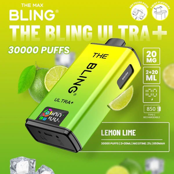 Bling Ultra Plus 30K | 5 - Pack High Puff Vape Kit - Lemon Lime flavoured Bling Ultra Plus 30k in green colour - Vape Fast UK