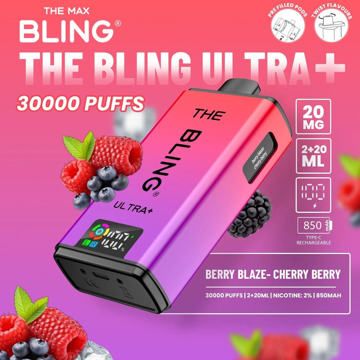 Bling Ultra Plus 30K | 5 - Pack High Puff Vape Kit - Berry Blaze and Cherry Berry flavoured Bling Ultra Plus 30k in Red and Orchid colour - Vape Fast UK