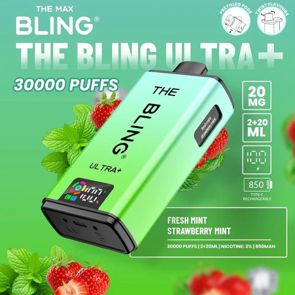 Bling Ultra Plus 30K | 5 - Pack High Puff Vape Kit - Fresh Mint and Strawberry Mint flavoured Bling Ultra Plus 30k in Green and Powder Blue colour - Vape Fast UK