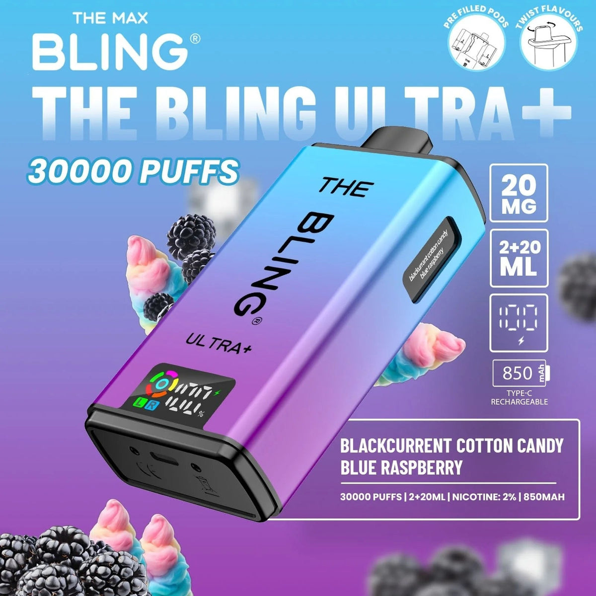 Bling Ultra Plus 30K | 5 - Pack High Puff Vape Kit - Blackcurrent Cotton Candy and Blue Raspberry flavoured Bling Ultra Plus 30k in Purple and Blue colour - Vape Fast UK