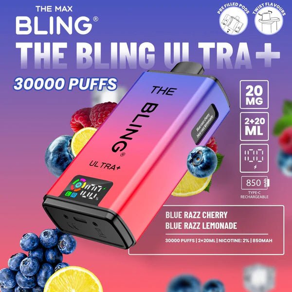 Bling Ultra Plus 30K | 5 - Pack High Puff Vape Kit - Blue Razz Cherry and Blue Razz Lemonade flavoured Bling Ultra Plud 30k in red and blue colour - Vape Fast UK