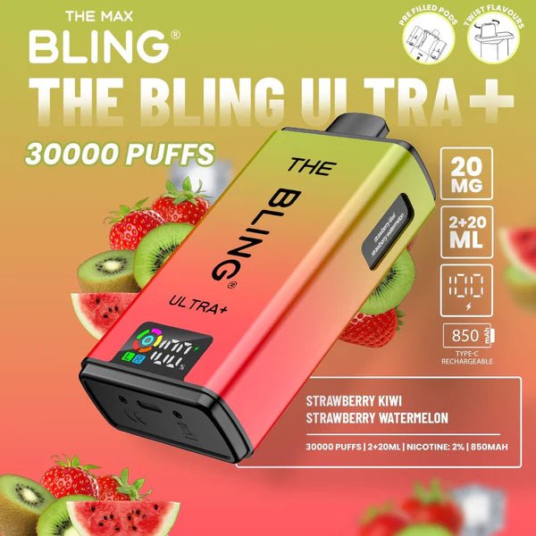 Bling Ultra Plus 30K | 5 - Pack High Puff Vape Kit - Strawberry Kiwi and Strawberry Watermelon in Bling Ultra Plus 30k in Green and Red colour - Vape Fast UK