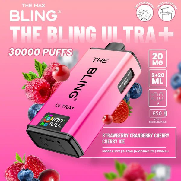 Bling Ultra Plus 30K | 5 - Pack High Puff Vape Kit - Strawberry Cranberry Cherry and Cherry Ice flavoured Bling Ultra Plus in Rose Pink - Vape Fast UK