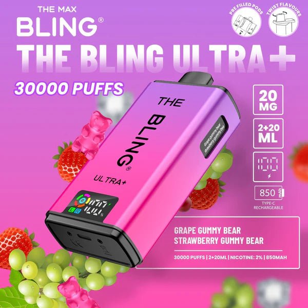 Bling Ultra Plus 30K | 5 - Pack High Puff Vape Kit - Grape Gummy Bear and Strawberry Gummy Bear flavoured Bling Ultra Plus 30k in Rose Pink colour - Vape Fast UK