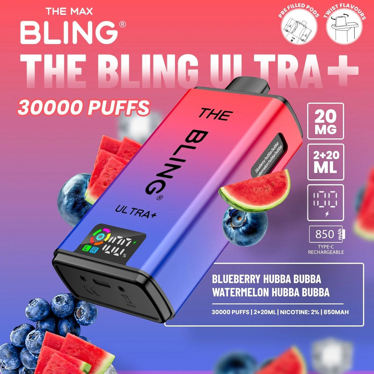 Bling Ultra Plus 30K | 5 - Pack High Puff Vape Kit - Blueberry Hubba Bubba and Watermelon Hubba Bubba flavoured Bling Ultra Plus 30k in Red and Royal Blue Colour - Vape Fast UK